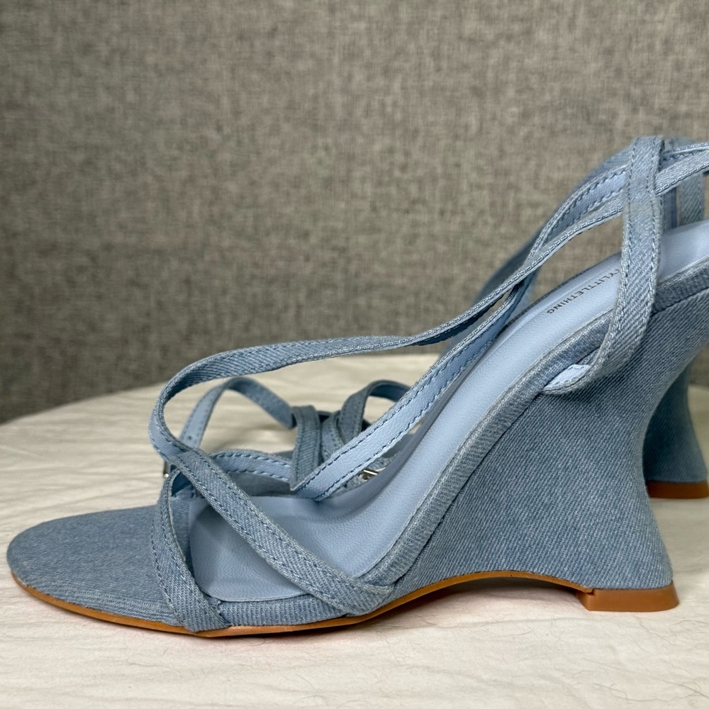 Pretty Little Thing Size 4‎ Blue Jean Denim Wedge Ankle Wrap Sandals